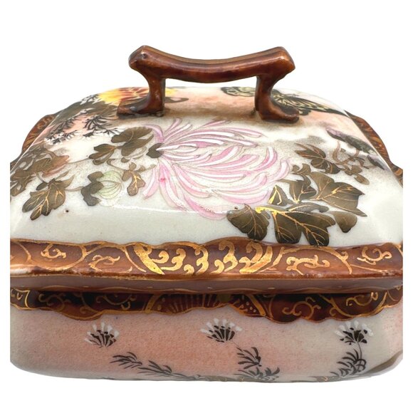 Vintage 40s Asian Art Porcelain Trinket Box Lidded Handle Floral Butterfly - Picture 6 of 13